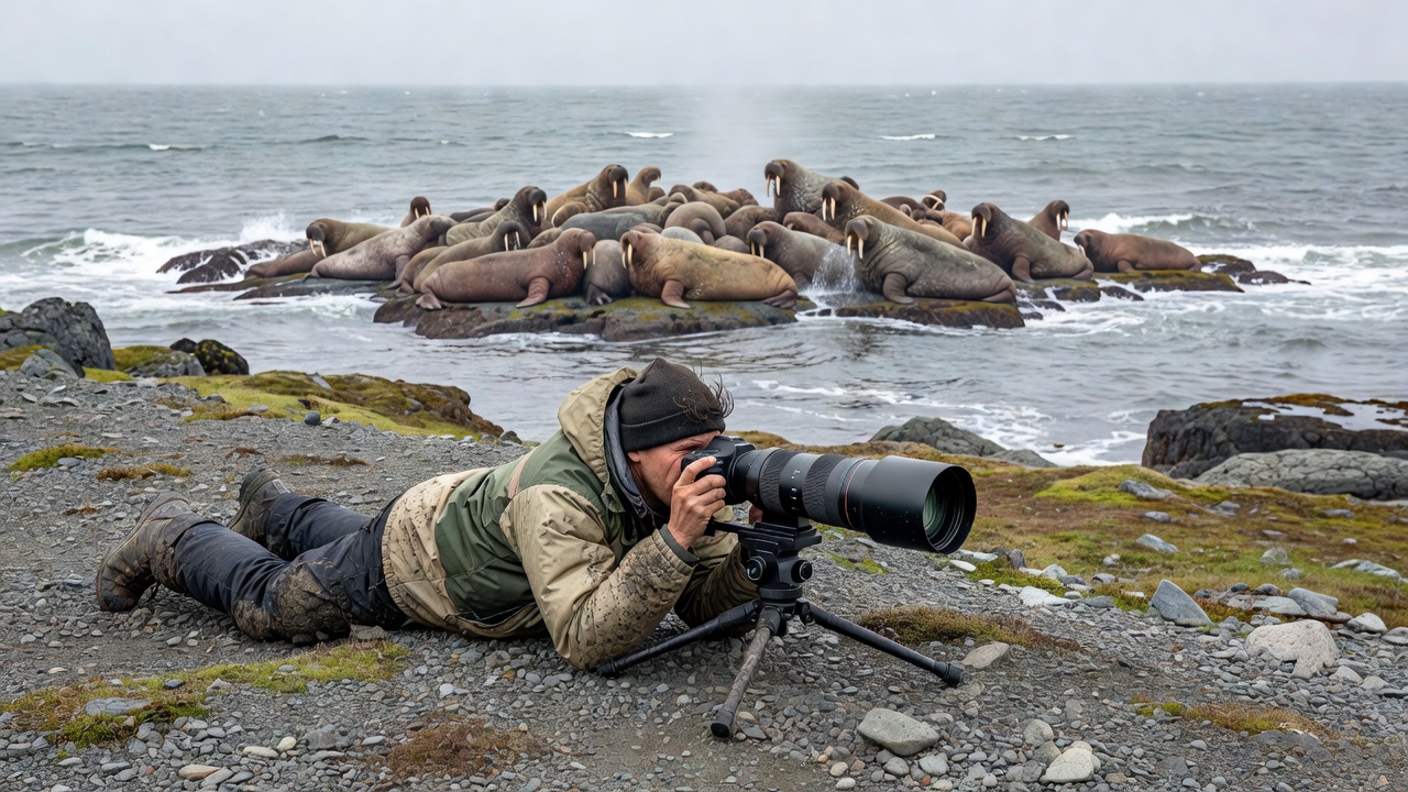 Photographer lying prone on a distant gravel ridge using a telephoto lens to observe a coastal haul-out without disturbing the animals