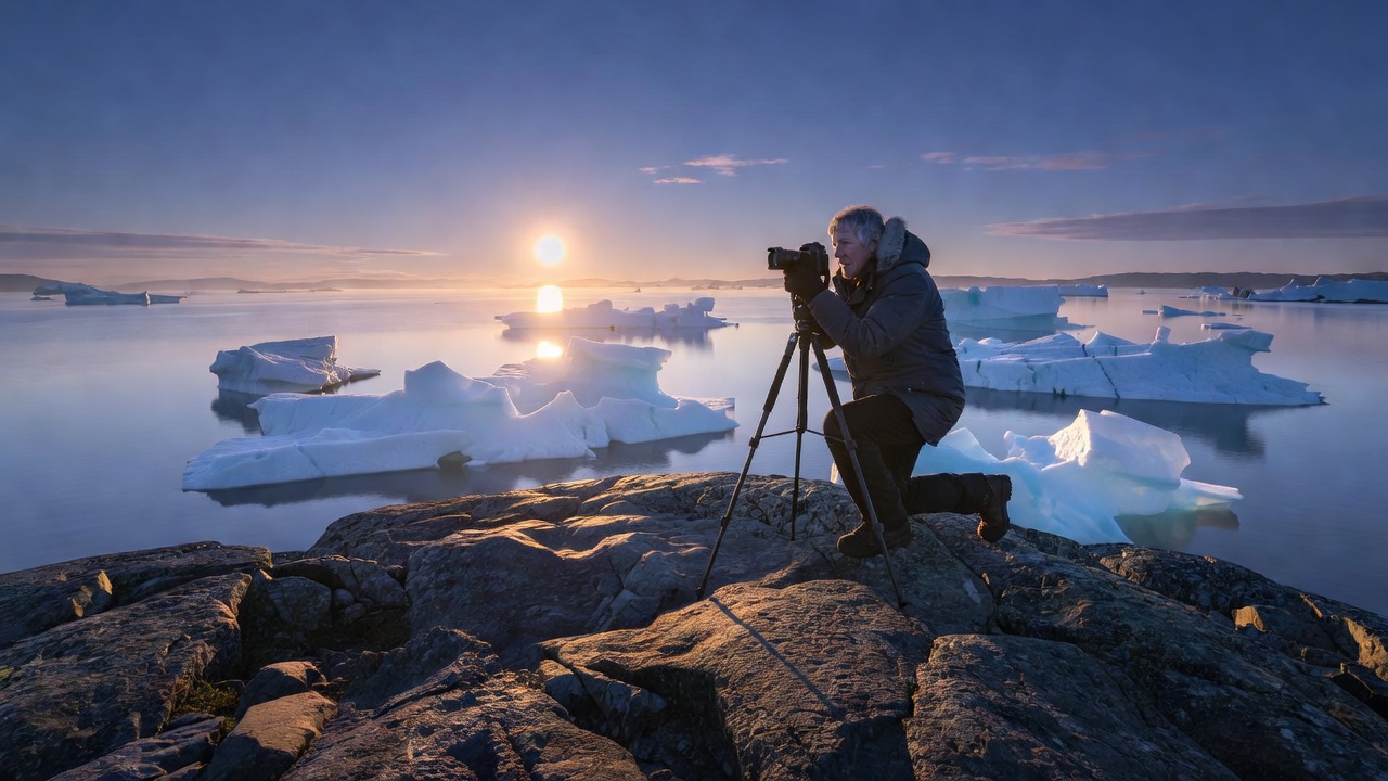 Photographer checking light angles on a rocky headland as low midnight sun skims across drifting icebergs