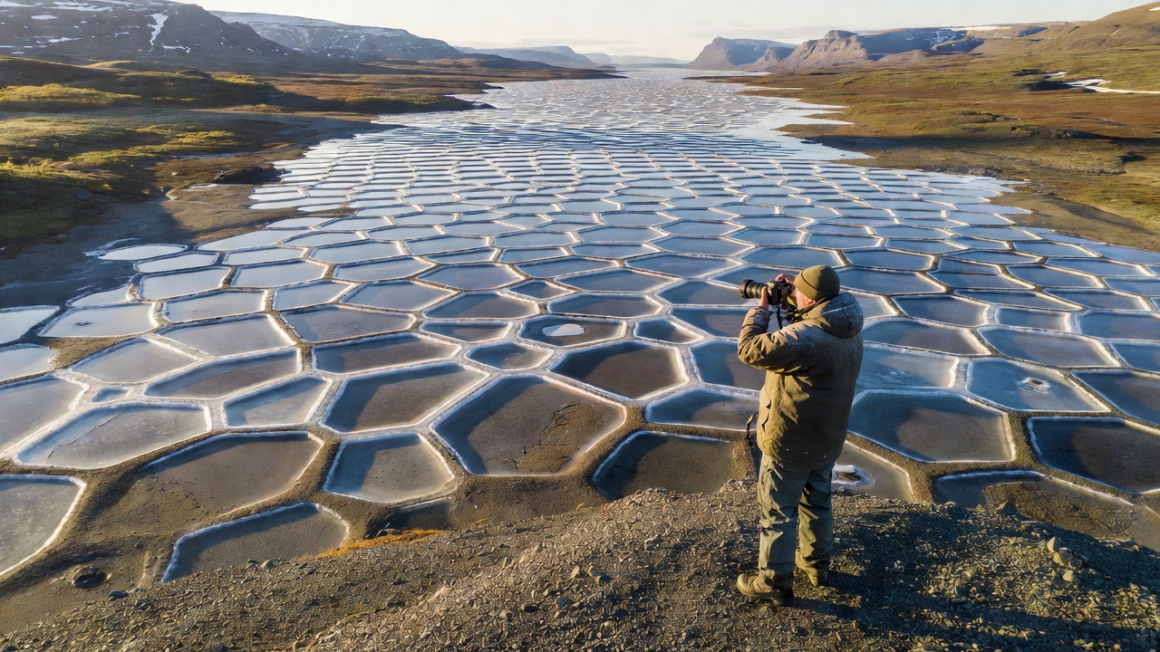 Photographer standing on a gravel terrace observing low-center ice-wedge polygons across an Arctic valley