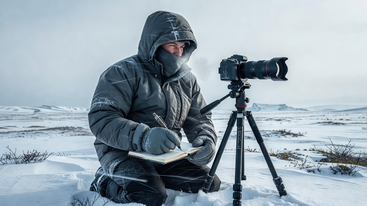 Photographer in windproof parka and liner gloves writing observations in a waterproof notebook beside a tripod-mounted camera