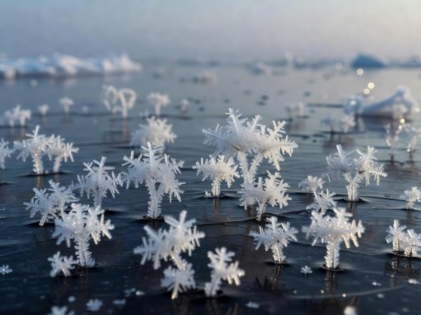 Close observation of delicate crystalline frost flowers growing on dark newly frozen nilas sea ice