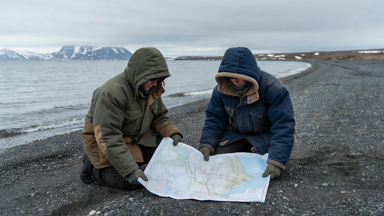 Two field observers in wool and canvas parkas reviewing a topographic chart on a quiet Arctic gravel beach